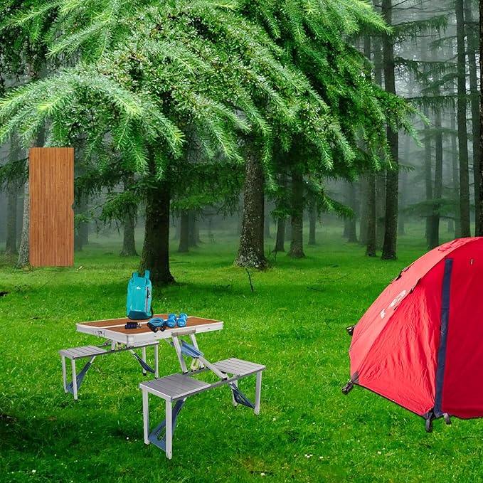 Picnic Table,Folding Picnic Table with Umbrella Hole, Aluminum Suitcase Portable Outdoor Table with Bench, Patio, Porch or Camping Table and Chair Set (Wood Color, Aluminum Alloy)
