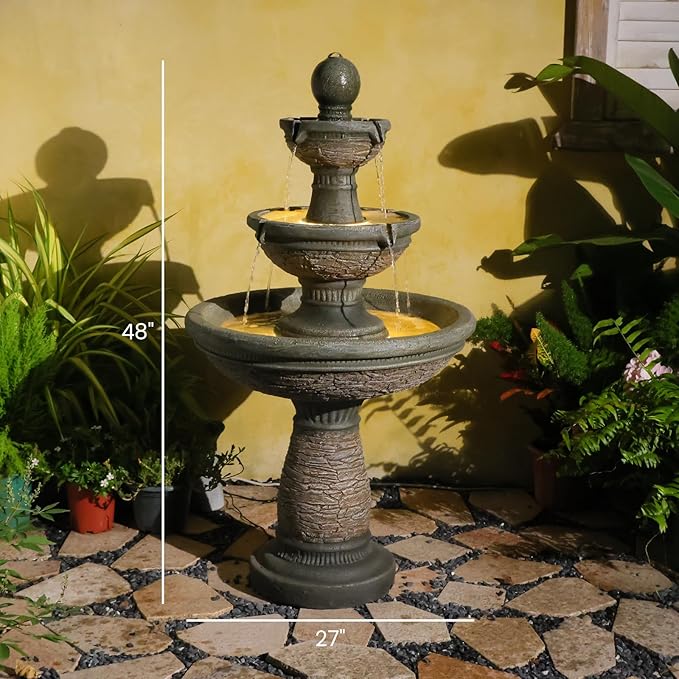 Sunlinua 48H 3-Tier Outdoor Water Fountain with LED Lights Italian Resin Garden Fountain for Patio Yard Weather-Resistant Cascading Waterfall Elegant Backyard Décor