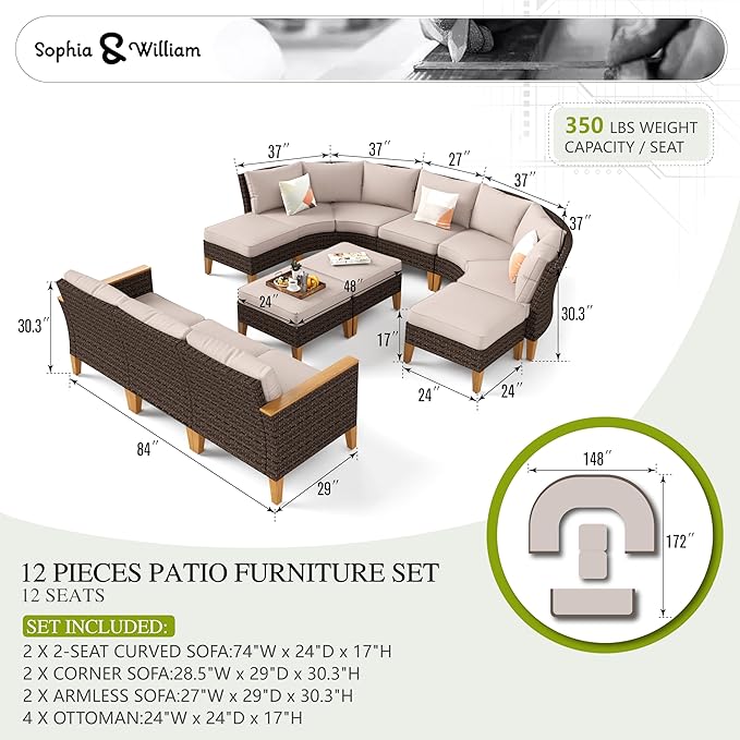 Sophia & William Outdoor Wicker Sectional Sofa Set, Half Moon Curved Patio Furniture Set with Ottman, High Back Patio Rattan Conversation Set for Porch, Backyard,Pool(Beige, 12 Piece)