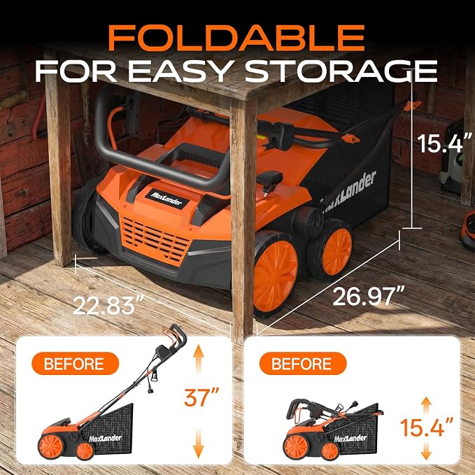 MAXLANDER 2-in-1 Electric Dethatcher and Scarifier, 15 Inch 13 Amp Corded Lawn Dethatcher with 5-Position Depth Adjustment, 45L Removable Collection Bag, Walk Behind Machine for Garden Yard Grass