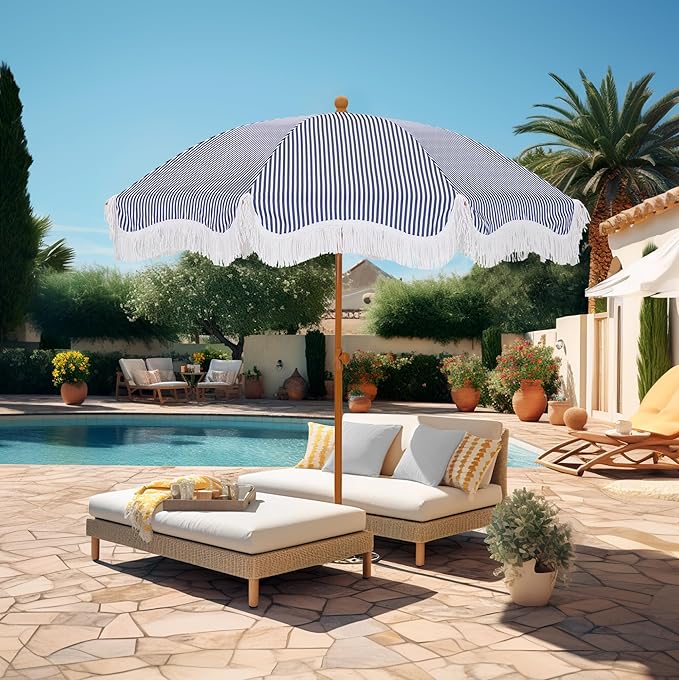 HERA'S PALACE 7ft Heavy Duty Beach Umbrella with Sand Anchor, Fringe Umbrella for Sand, UV 50+, Patio Umbrella with Tilt Pole for Garden Pool Backyard