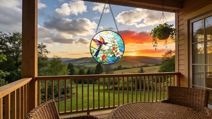 Stained Glass Window Hanging - Colorful Hummingbird Stand on Branches Covered in Flowers 6.3 Inches Suncatcher for Garden Home Decor for Women Mom Grandma Friends