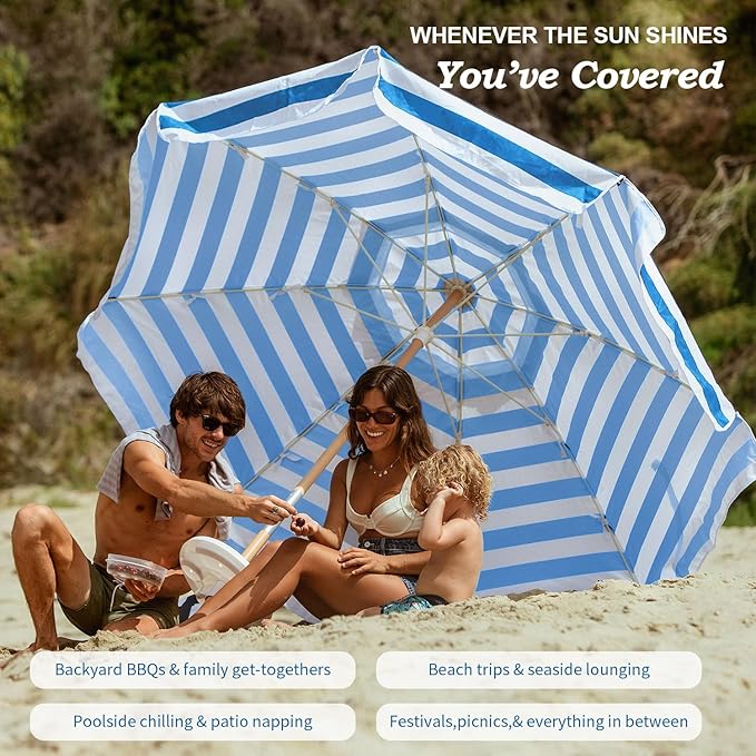 AMMSUN 7.5ft Heavy Duty HIGH Wind Beach Umbrella Commercial Grade Patio Beach Umbrella with Air Vent Ash Wood Pole & Carry Bag UPF 50+ Protection Stripe Blue white