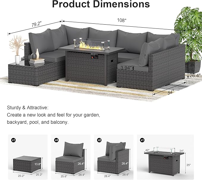 Patio Furniture Set with Fire Pit Table, 8PCS Outdoor Conversation Sets Waterproof Rattan Sectional Sofa with 4” Thickened Cushion Modular Wicker Patio Furniture Set with Glass Top Table (Grey)
