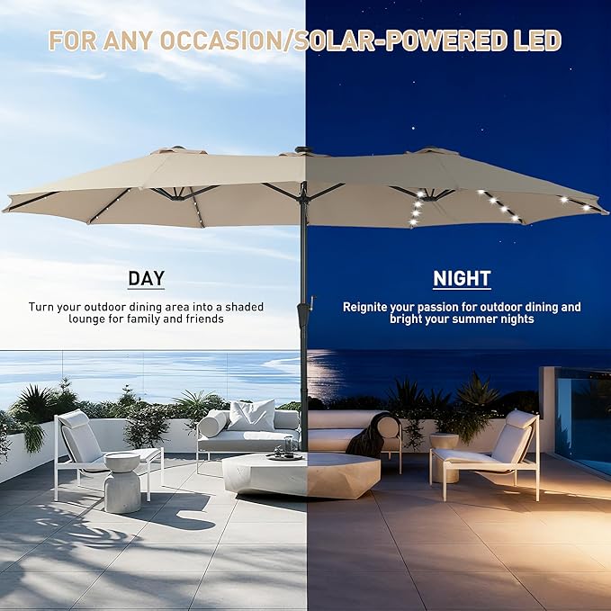 15 ft Patio Umbrella with 48 LED Lights, Large Rectangle Outdoor Solar Umbrella with Matching Base, Strap, Crank, Khaki