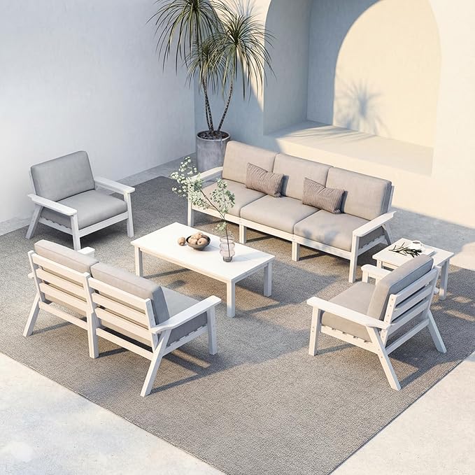 HDPE 7 Piece Patio Furniture Set, HDPE Outdoor Sectional with with Gray Thick Cushions, Coffee Table and Side Table, Patio Conversation Sets for Lawn, Garden, Porch (White Frame)