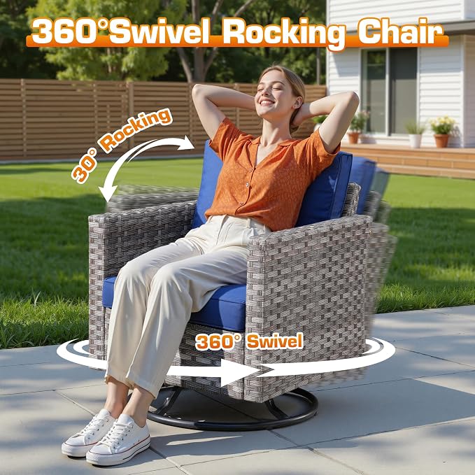 9-Piece Patio Furniture Set, Outdoor Wicker Furniture Sectional Set with Coffee Table, High Back Swivel Rocker Patio Chairs, Modern Rattan Outdoor Conversation Set for Porch, Balcony, Navy Blue