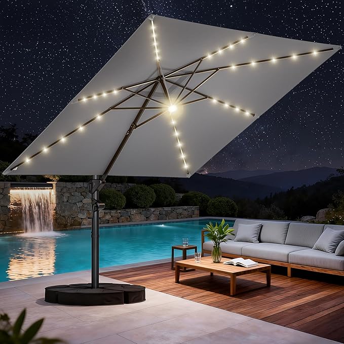 HOMSHADE 10 ft Square Cantilever Patio Umbrella with Base Included, Solar Lights Large Umbrella Outdoor Patio with 360°Rotation&Tilting, LED Lighted Offset Umbrellas w/Stand for Pool Deck