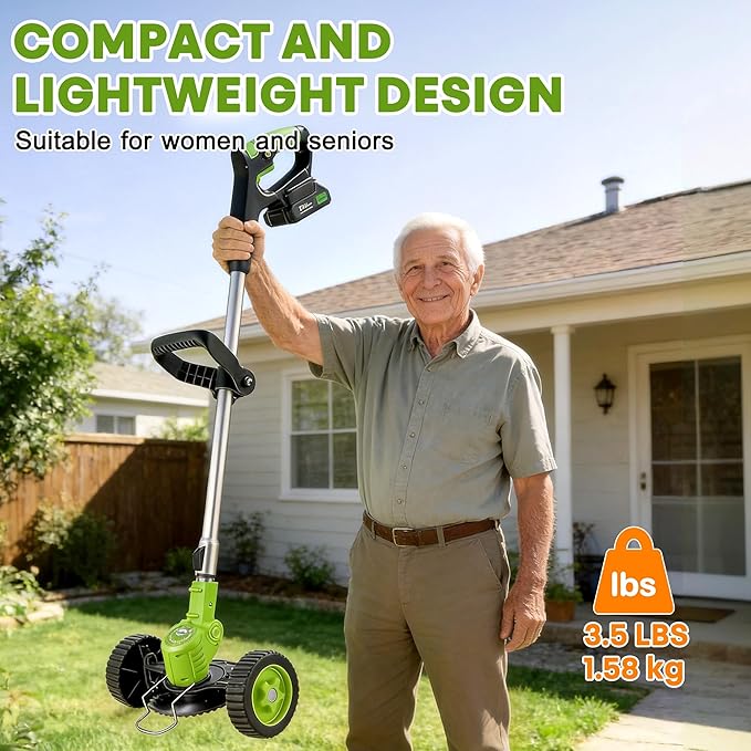 Cordless Electric Weed Wacker with Wheels, 3-in-1 Grass Trimmer & Brush Cutter & Lawn Edger, 3 Types Blade, 2X2000mAh Batteries, Lightweight String Trimmer for Garden and Yard Lawn, Gifts for Seniors