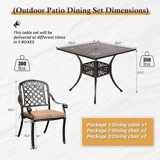 5-Piece Cast Aluminum Outdoor Patio Dining Set, All Weather Cast Aluminum Outdoor Furniture Dining Set for Patio, Balcony, Lawn, Garden, Backyard w/4 Chairs and Cushions, 2.0" Umbrella Hole