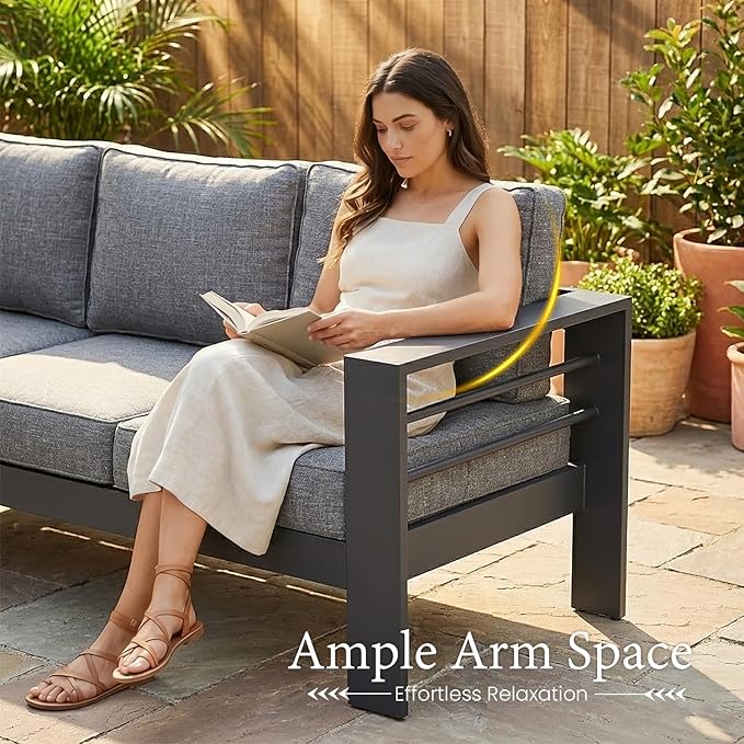 LayinSun Outdoor Aluminum Furniture Set, 4 Pieces Patio Sectional Conversation Chat Sofa Modern Seating Set with Coffee Table