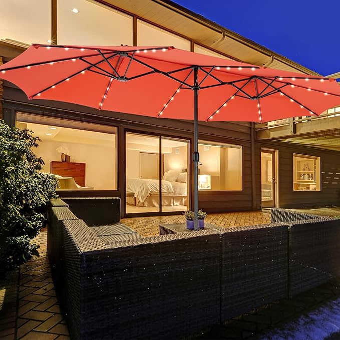 Tangkula 15 Ft Solar Patio Umbrella, Double-Sided Extra Large Outdoor Market Table Umbrella with 48 LED Lights, Crank Handle, 12 Sturdy Ribs for Poolside, Garden & Backyard (Orange)