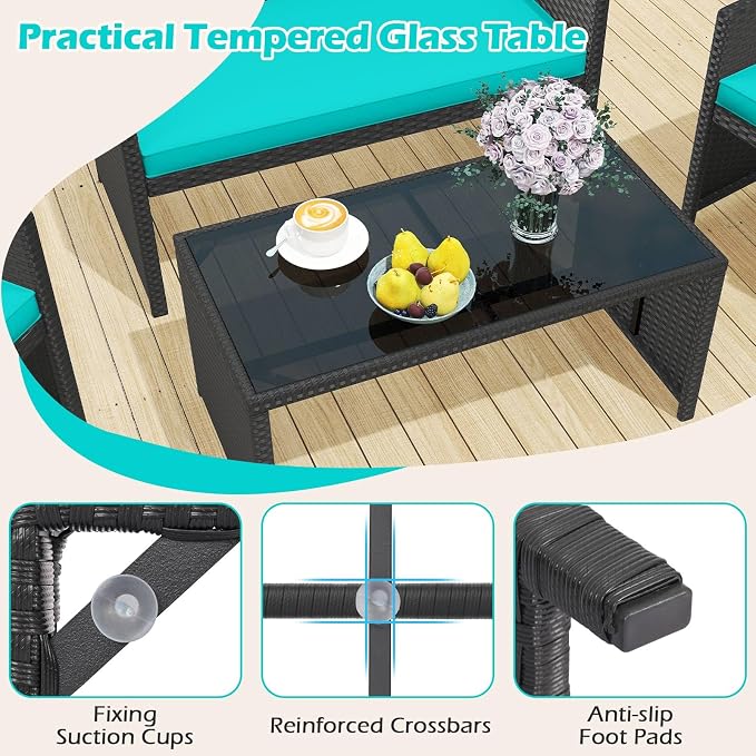 RELAX4LIFE 8-Piece Patio Furniture Set - Wicker Rattan Outdoor Sectional Sofa Set w/Glass Coffee Table, Loveseat, Chairs & Soft Cushions, Bistro Conversation for Garden Porch (2, Black-Turquoise)