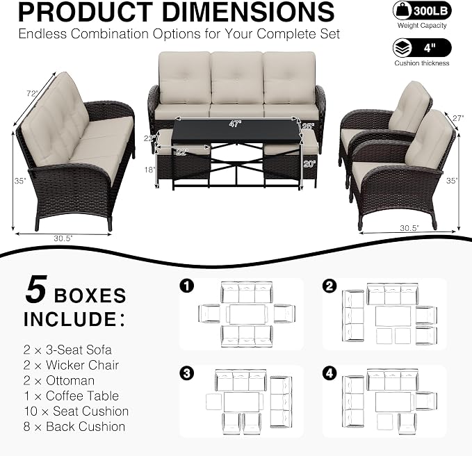 Joyside Wicker Patio Furniture Set, 7 Piece Outdoor Furniture Set with Thickened Cushions, High Back, Deep Seating, Wide Armrest, Rattan Outdoor Chairs for Porch, Deck