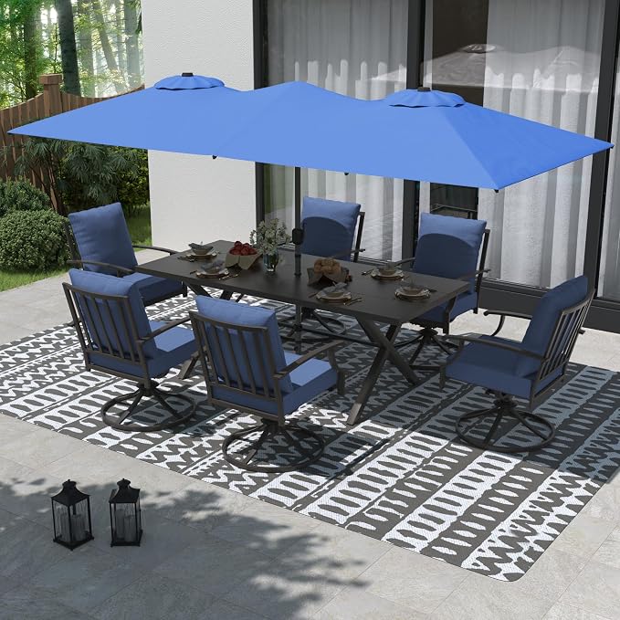 Gotland 7 Piece Outdoor Dining Table and Chairs for 6 with 14Ft Double-Sided Umbrella, Patio Swivel Dining Chairs for 6, Rectangular Patio Dining Table with Umbrella Hole Outdoor Patio Set