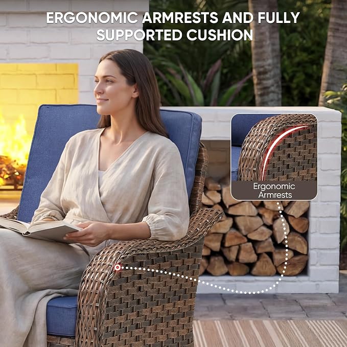 Patio Furniture Set - 8 Pieces All Weather Wicker Outdoor Furniture with 2 Swivel Chairs, 2 Ottomans, 1 Sofa,2 Side Table and Fire Pit Table, Ergonomic Design for Porch, Deck, and Backyard(Blue)
