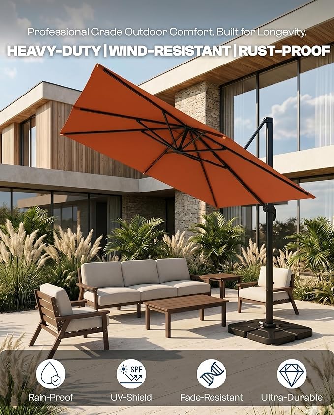 8' X 8' Patio Umbrella, Cantilever Umbrella with 360°Rotation, Offset Patio Umbrella with Easy Tilt & Fade Resistance for Pool Deck Garden Backyard, Orange (Base not Included)