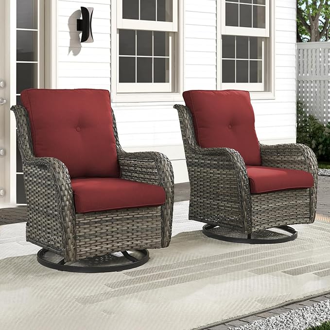 Outdoor Swivel Rocker Patio Chairs-Wicker Patio Swivel Chairs Set of 2 PE Rattan Patio Furniture for Porch Deck Balcony Garden-Grey/Red
