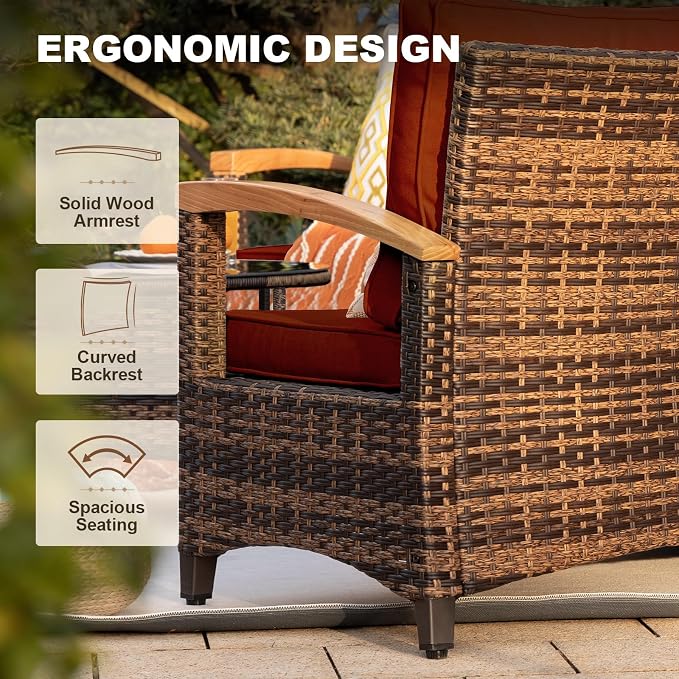 MEISSALIVVE 6-Piece Half-Moon Curved Outdoor Patio Furniture Set, Sectional Conversation Sofa with Wood Armrests, Coffee & Side Tables for Backyard Deck Garden, Red