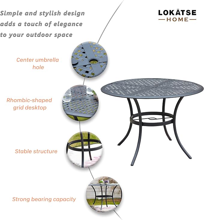 LOKATSE HOME 5 Piece Outdoor Patio Metal Dining Set with 4 Outdoor Iron Arm Dining Chairs with Seat Cushions and 1 Outdoor Dining Table with Umbrella Hole-Blue