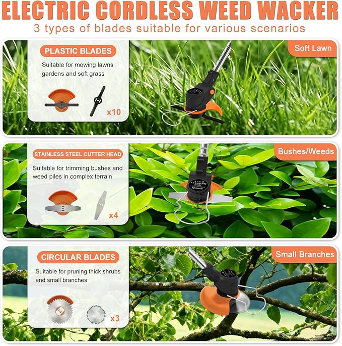 Electric Weed Wacker 21V Brush Cutters Battery Powered 3 in 1 Lightweight Weed Wacker Eater with Blade Adjustable Pole Cordless Grass Trimmer with 2 * 2.0Ah Batteries and Charger for Garden Yard Black