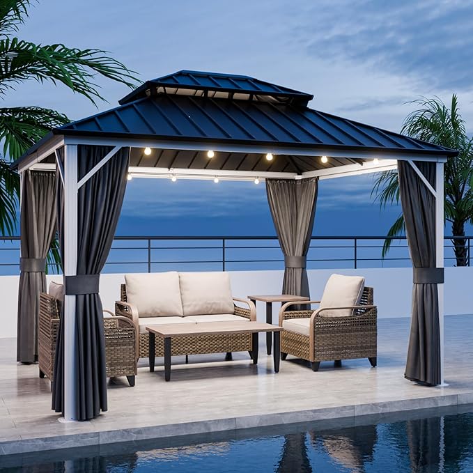 EAGLE PEAK 12x10 Hardtop Gazebo, Galvanized Steel Double Roof with Aluminum Frame, Outdoor Pavilion with Netting and Curtains for Patio, Deck, Lawn and Garden, White/Gray