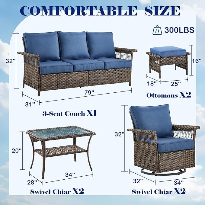 Wicker Outdoor Patio Furniture Set - 6 Piece Rattan Patio Conversation Sets with 2 Swivel Rocking Chairs,2 Ottomans,1 Sofa and 1 Coffee Table for Porch Deck Garden(Brown/Blue)