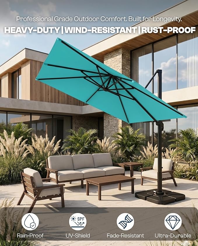 8' X 8' Patio Umbrella, Cantilever Umbrella with 360°Rotation, Offset Patio Umbrella with Easy Tilt & Fade Resistance for Pool Deck Garden Backyard, Peacock Blue (Base not Included)
