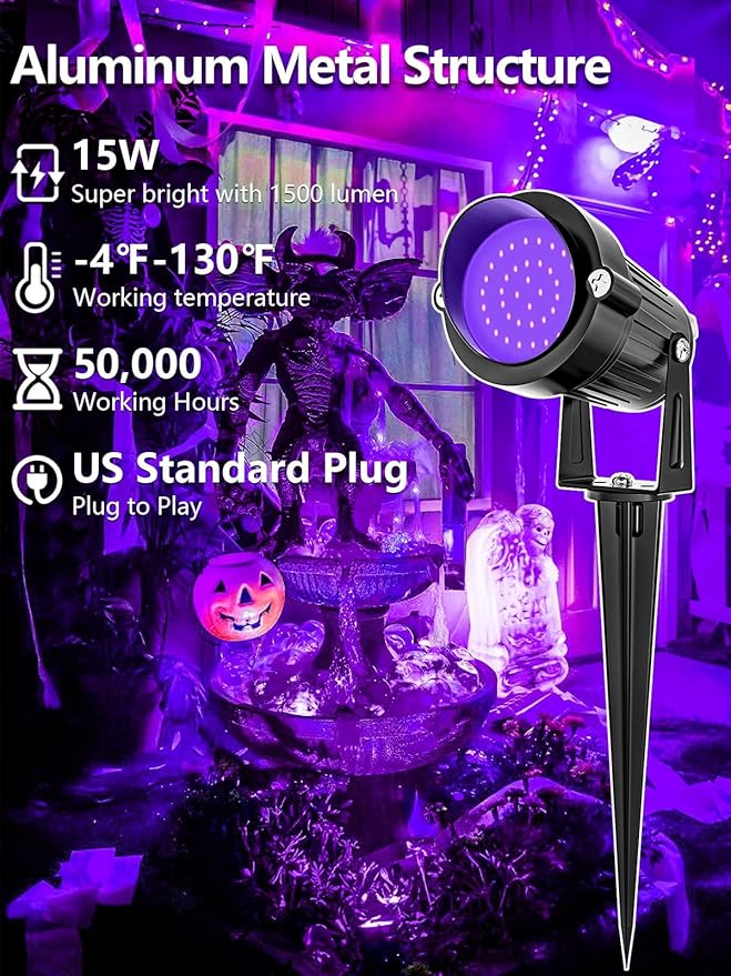ZUCKEO Blacklight Spotlight Outdoor 15W Halloween Black Light Spot Light with US Plug, IP66 Landscape Black Lights Fixtures for Glow Party Fluorescent Yard Garden House Decorating(6Pack)