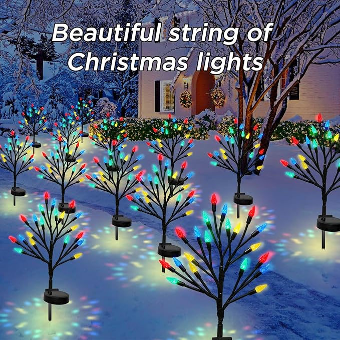 Christmas Outside Decorations Solar Pathway Lights-2PACK 40LED Multicolor C6 Strawberry Lights Xmas Decor,Outdoor Solar Christmas Lights for Garden Yard Path Party Decor