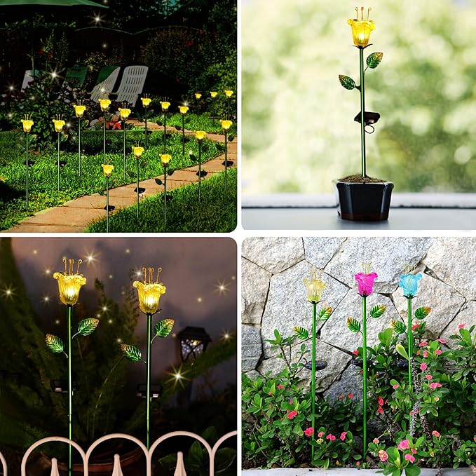 VChymm Solar Decorative Flowers 2 Pack - Waterproof Yellow Glass Lily Flower Lights, Auto ON/OFF for Garden, Patio, Backyard