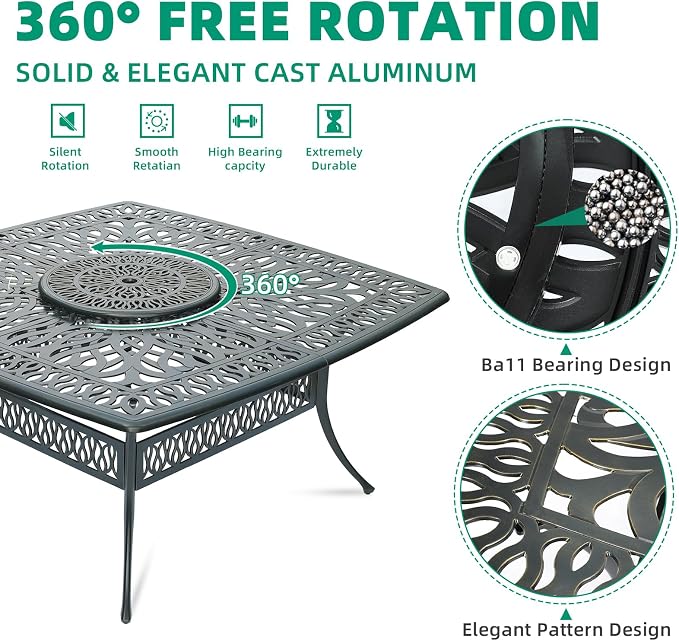VIVIJASON Outdoor 64" Patio Dining Table for 8 Person, Large Square Dining Table with 24" Lazy Susan, Dark Bronze Cast Aluminum Rustic Patio Table W/Umbrella Hole for Balcony, Porch and Deck