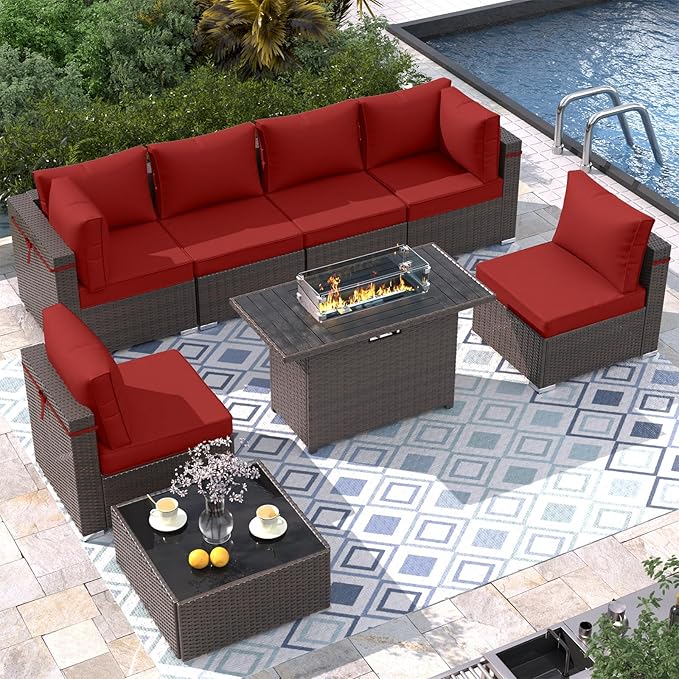 8 Piece Patio Furniture Set with 43" Fire Pit Table, Outdoor Sectional Sofa Set Heavy Duty Wicker Furniture Set with 2 Waterproof Covers