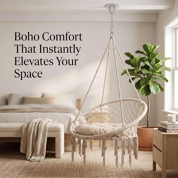 Boho Hanging Swing, Porch Swing Chair, 330 LBS Hanging Hammock Chair, Outdoor Swing Chair for Bedroom Balcony Living Room Patio Garden Indoor Outdoor Lounge