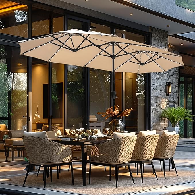 GREEN PARTY 13ft Outdoor Patio Umbrella with Solar Lights, 120 LED 12-Mode Large Double Sided Rectangular Table Umbrella, Heavy Duty Triple-Head Shade for Backyard Deck & Poolside, Beige (No Base)