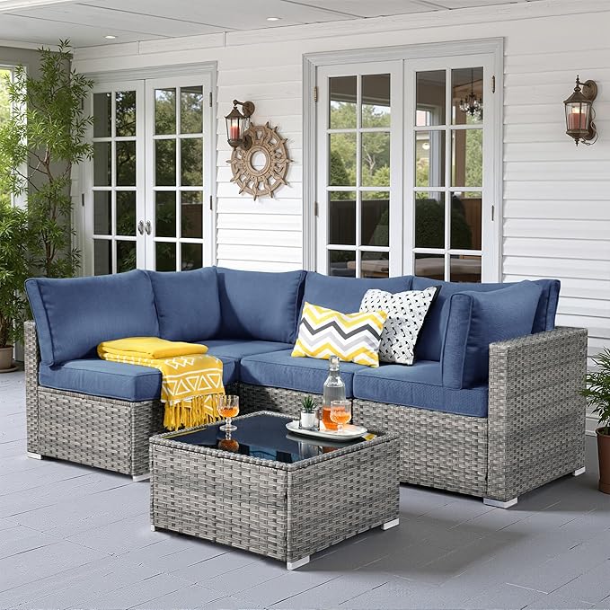 5 PCS Outdoor Patio Furniture Sets,Wicker Weather Resistant Patio Conversation Set with Comfy Cushions,Modular L Shaped Sofa with Coffee Table for Yard Backyard Porch Garden Poolside,Denim Blue