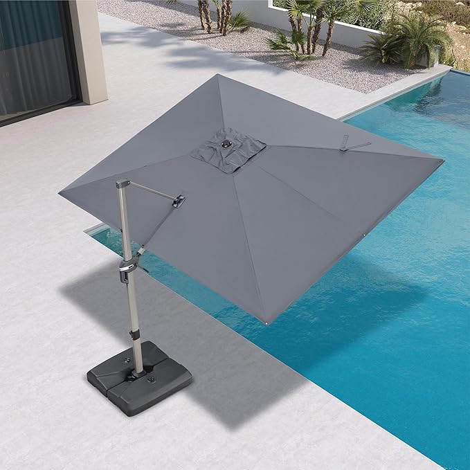 PURPLE LEAF 9' X 11' Patio Umbrella, Rectangle Outdoor Cantilever Umbrella, Aluminum Offset Umbrella with Champagne Frame and 360° Rotation for Pool Deck Garden, Light Grey