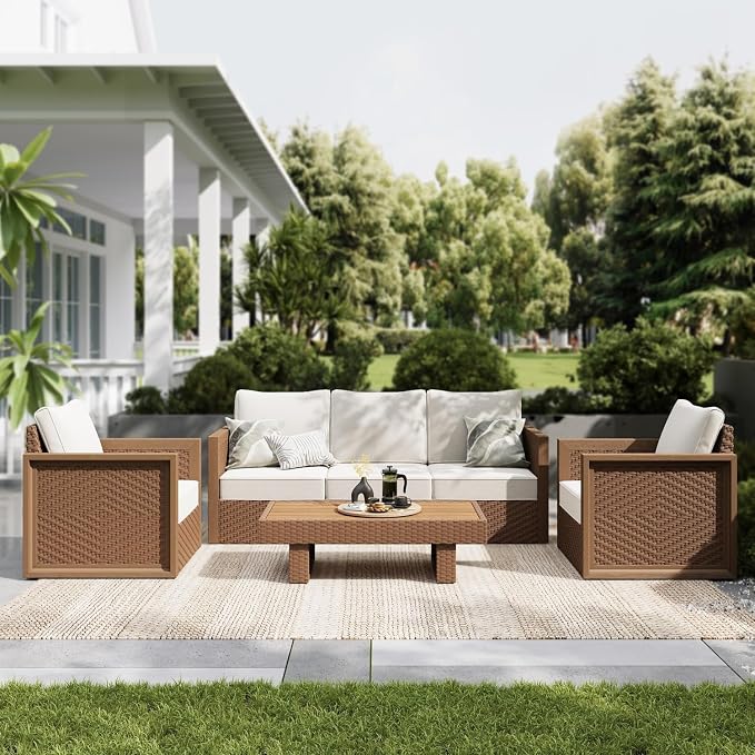 Sophia & William HDPE Patio Furniture Set，Modern Outdoor Sectional Sofa Set with 5.5" Cushions and 43.5" Wood Grain Coffee Table, Deep Seating Outdoor Conversation Set for Backyard(Beige, 5 Seats)