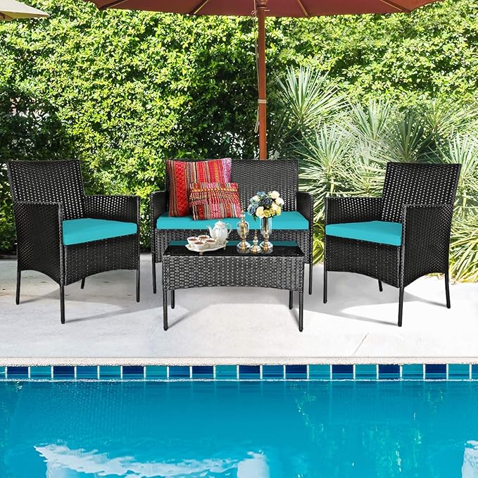 HAPPYGRILL 4 Pieces Patio Furniture Set Rattan Wicker Conversation Set with Tempered Glass Top Table, Outdoor Wicker Sofa Set with Removable Cushions for Poolside Garden Backyard