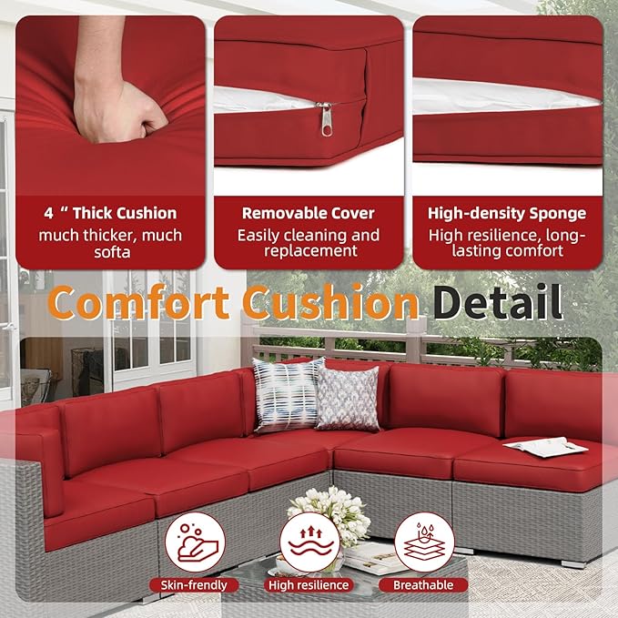 Oakcloud 8-Piece Outdoor Patio Furniture Sofa Set with 45” Propane Gas Fire Pit Table, Grey Rattan Wicker Sectional Conversation Sets with Glass Top Tables and Cushions(Red, w/Fire Pit Table)