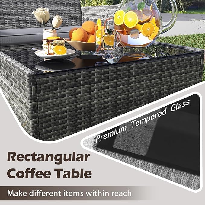 Tangkula 8 Piece Patio Rattan Conversation Set, Outdoor Wicker Furniture Set with Chair, Loveseat & Tempered Glass Table, Cozy Seat Cushions, Outside Sectional Sofa Set for Backyard