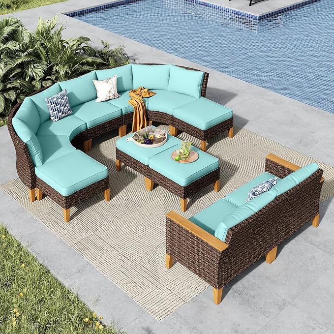 MFSTUDIO 11 Pieces Wicker Patio Furniture Set, All-Weather Rattan Outdoor Half-Moon Curved Patio Sectional Sofas, 4 x Curved Sofa, 1 x Armless Chair, 4 x Ottoman, 2 x Corner Sofa(Aqua Blue Cushions)
