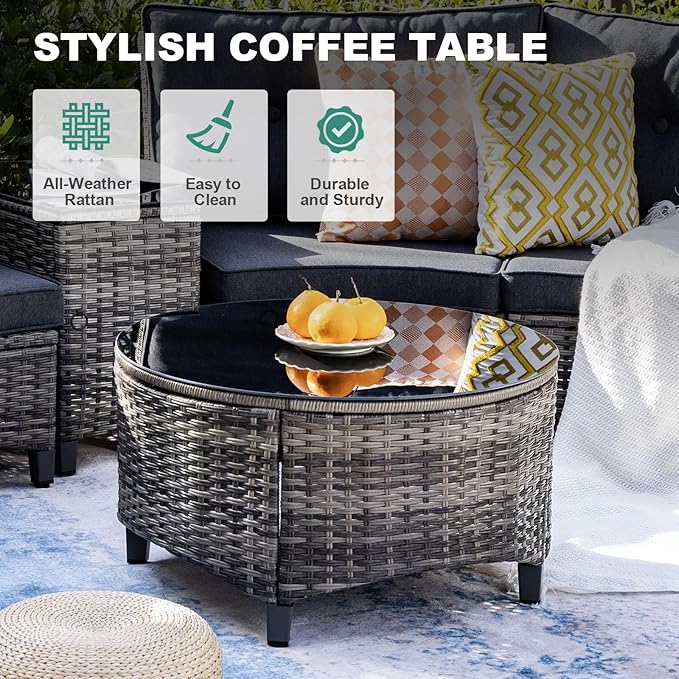 MEISSALIVVE 8 Piece Outdoor Patio Furniture Set, Half-Moon Curved Sectional Set with Wood Armrests, Patio Conversation Set, 2 Half-Moon Ottomans，Coffee & Side Tables (Grey)