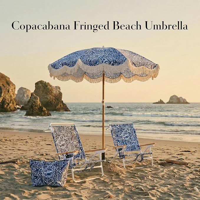 6FT Fringe Beach Umbrella for Sand, Boho Coastal Patio Umbrella with Tassels, UPF 50+ Sun Protection, Tilt, Carry Bag for Beach Vacation & Pool, Reef Indigo