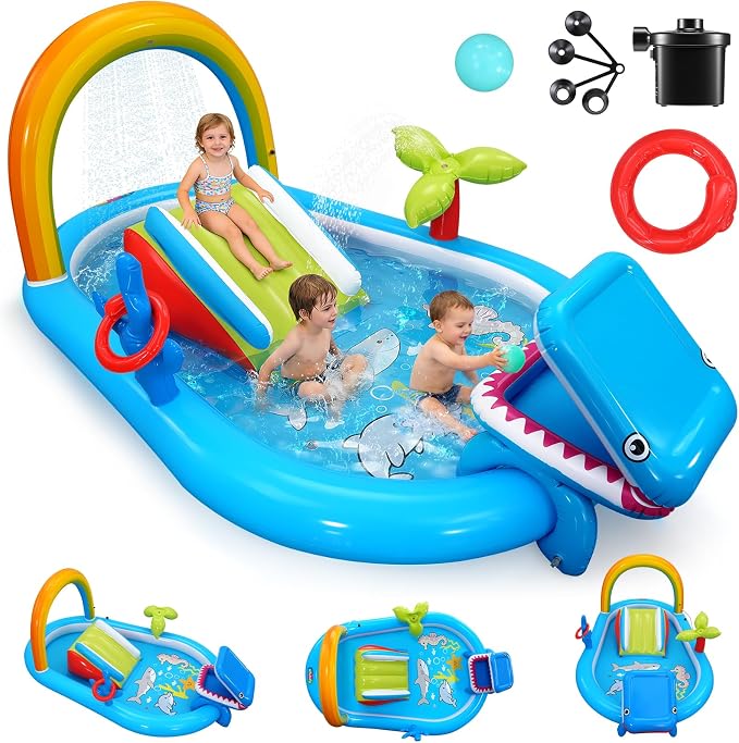 Whubefy Inflatable Kids Play Center Outdoor/Indoor 98 × 64 × 39 in Kid Pool Slide, with Water Sprayer, Waterfall, and Ocean Ball, Multicolor (with Blower)