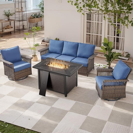 Patio Furniture Set with Fire Pit Table, 4PCS Patio Conversation Set Brown Resin Wicker Swivel Patio Chair and Sofa with 43in Rectangular Iron Fire Table PE Rattan Furniture Set