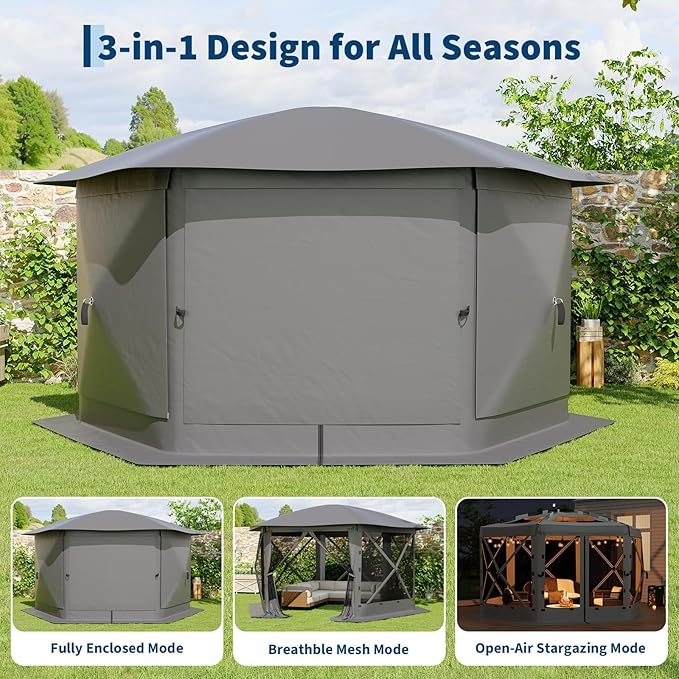 GarveeLife 11.5x11.5FT 6-Sided Pop Up Gazebo Tent，One-Push Setup Canopy Tent with Mesh Panels & Removable Wind Cloths, Outdoor shelter for Camping, Backyard Parties, Outdoor Events - Grey