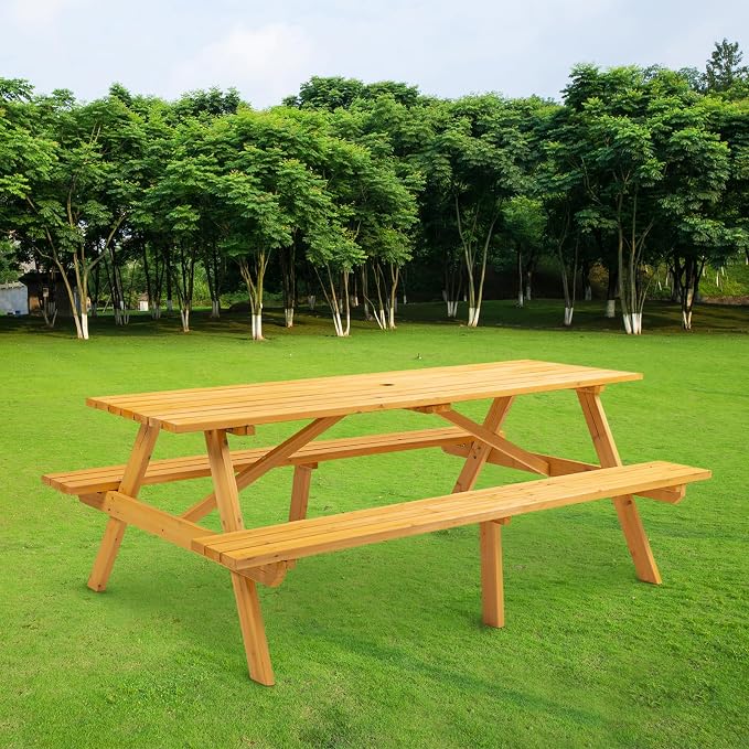 8-Person Picnic Table with 2 Built-In Benches & Umbrella Hole, Wooden Picnic Tables for Outdoors, Patio, Backyard, Garden, 75" x 50.2" x 27.6", 2220lb Capacity (Rectangular, Natural, 8-Person)