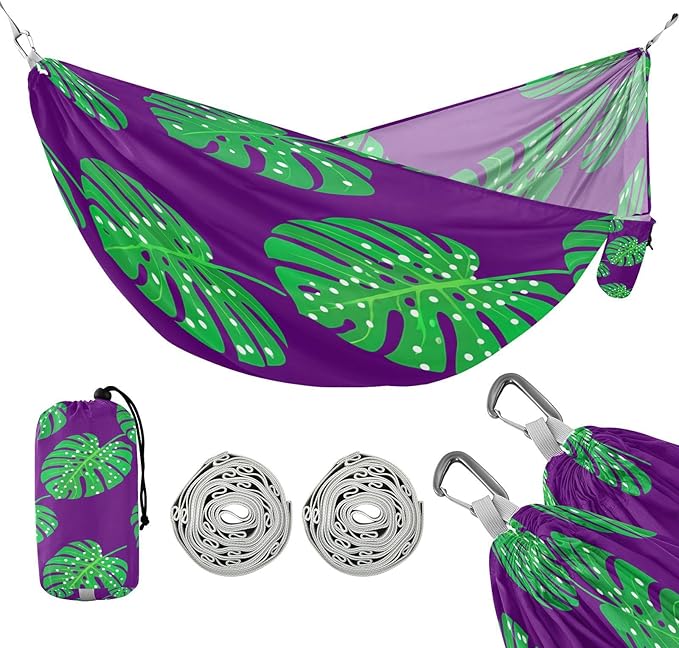 Hammocks for Outside Green Monstera Leaves Camping Hammock Portable Hammocks with Tree Straps and Carry Bag Camping Accessories for Hiking Beach Outdoor