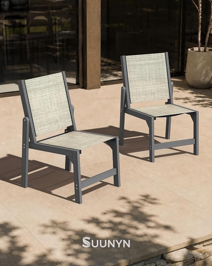 Patio Stackable Chair, HDPE Armless Outdoor Dining Chairs with Wide Seat, All-Weather Textilene Oversized Porch Chair for Garden, Poolside, Backyard, Deck | Grey